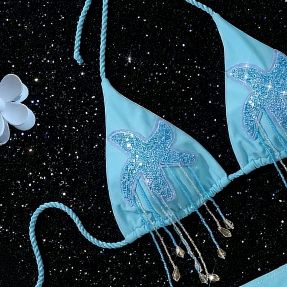 Blue Elegant Women's Beaded Starfish Crochet Bikini - Picture 5 of 5